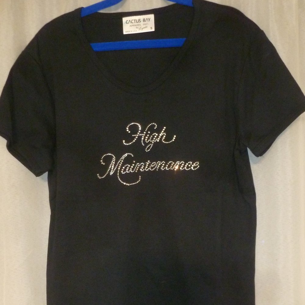 Cactus Bay USA black t-shirt with rhinestone wording " High Maintenance " Sz S